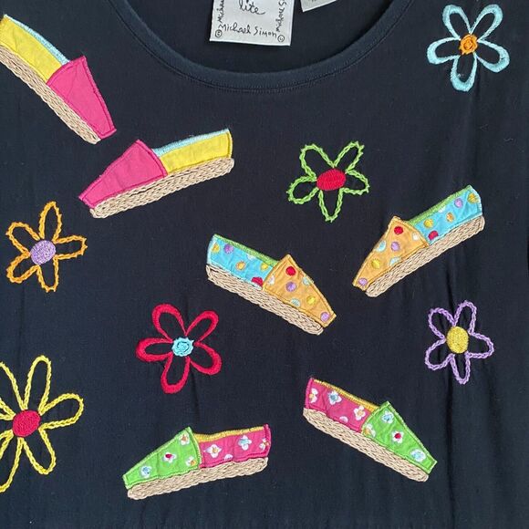 Michael Simon Maxi T-shirt Dress S Black Shoes Embroidered Design Artsy Vacation - Picture 3 of 8